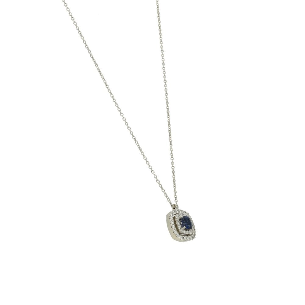 Ladies 18ct White Gold Diamond & Sapphire Pendant - 17"-18"