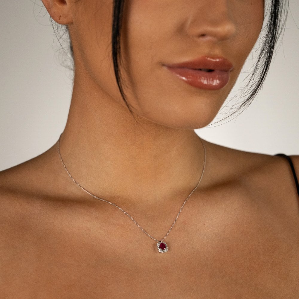 Ladies 18ct White Gold Diamond & Ruby Pendant & Chain