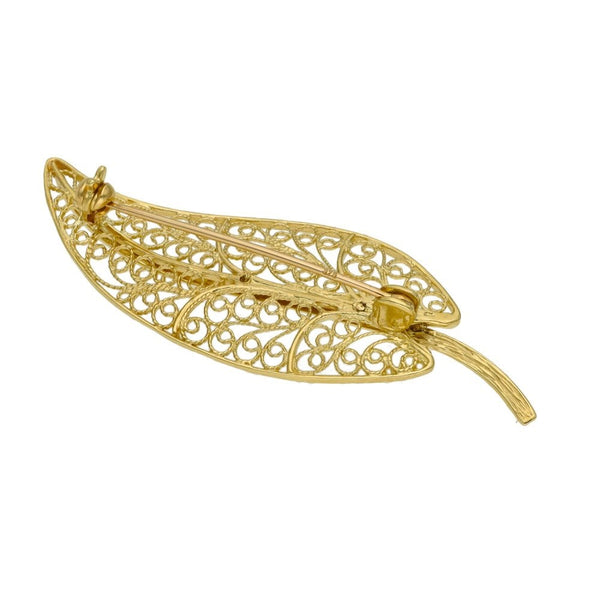 Ladies 9ct Yellow Gold Filigree Leaf Brooch - 3.1g