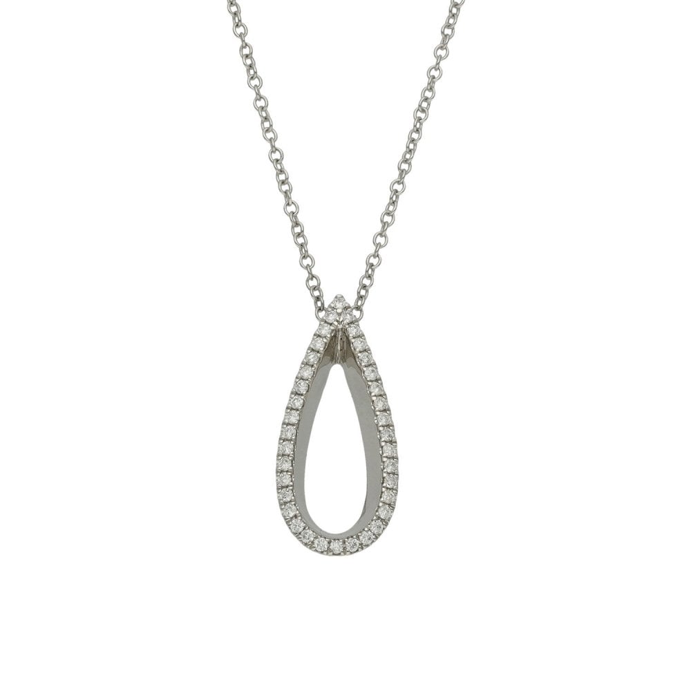 Ladies 9ct White Gold Diamond Set Tear Drop Pendant & Chain
