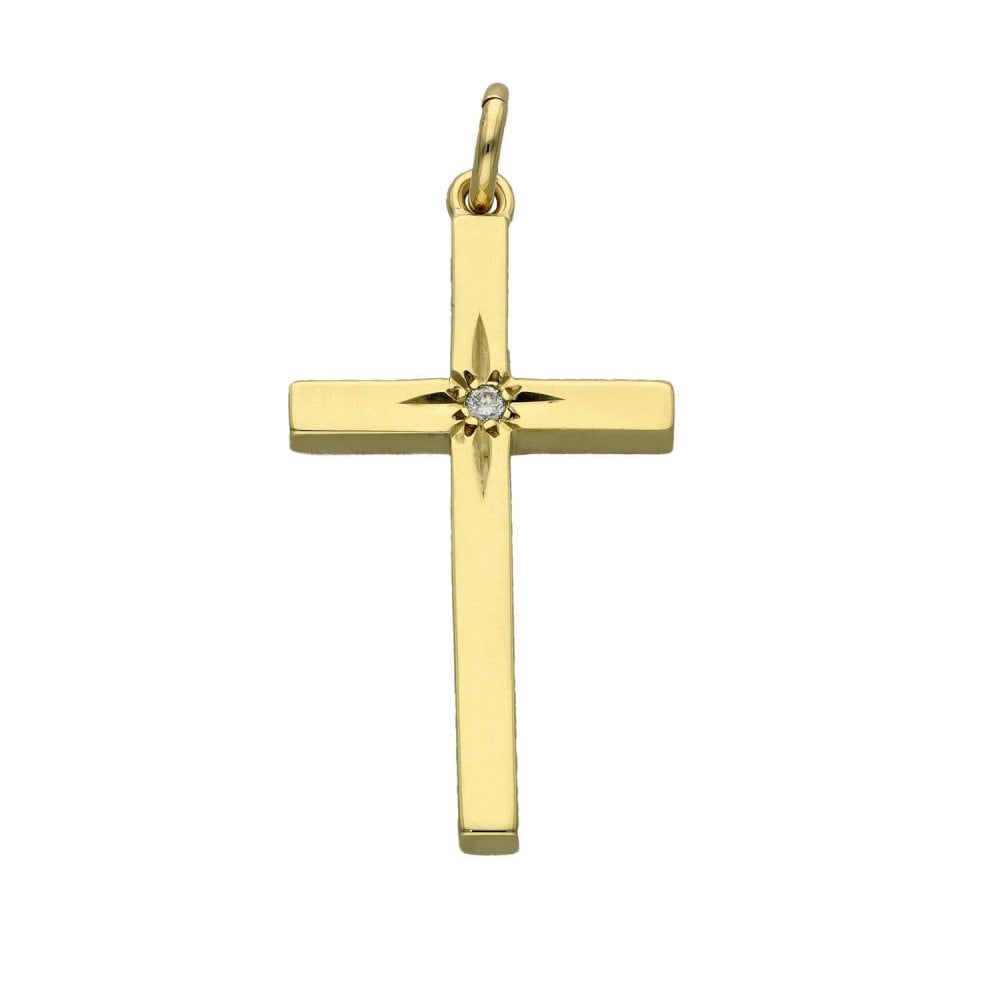 9ct Yellow Gold Diamond Set Block Cross Pendant - 2.8g