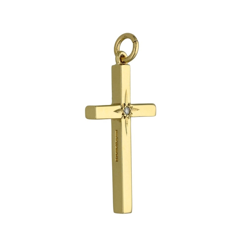 9ct Yellow Gold Diamond Set Block Cross Pendant - 2.8g