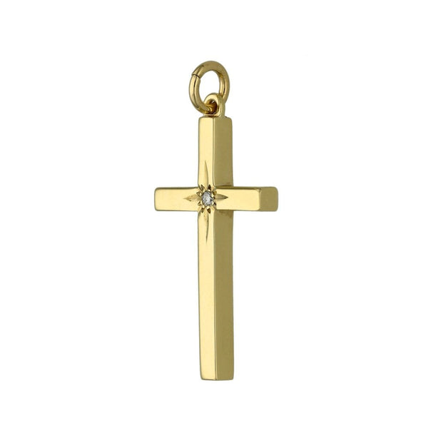 9ct Yellow Gold Diamond Set Block Cross Pendant - 2.8g