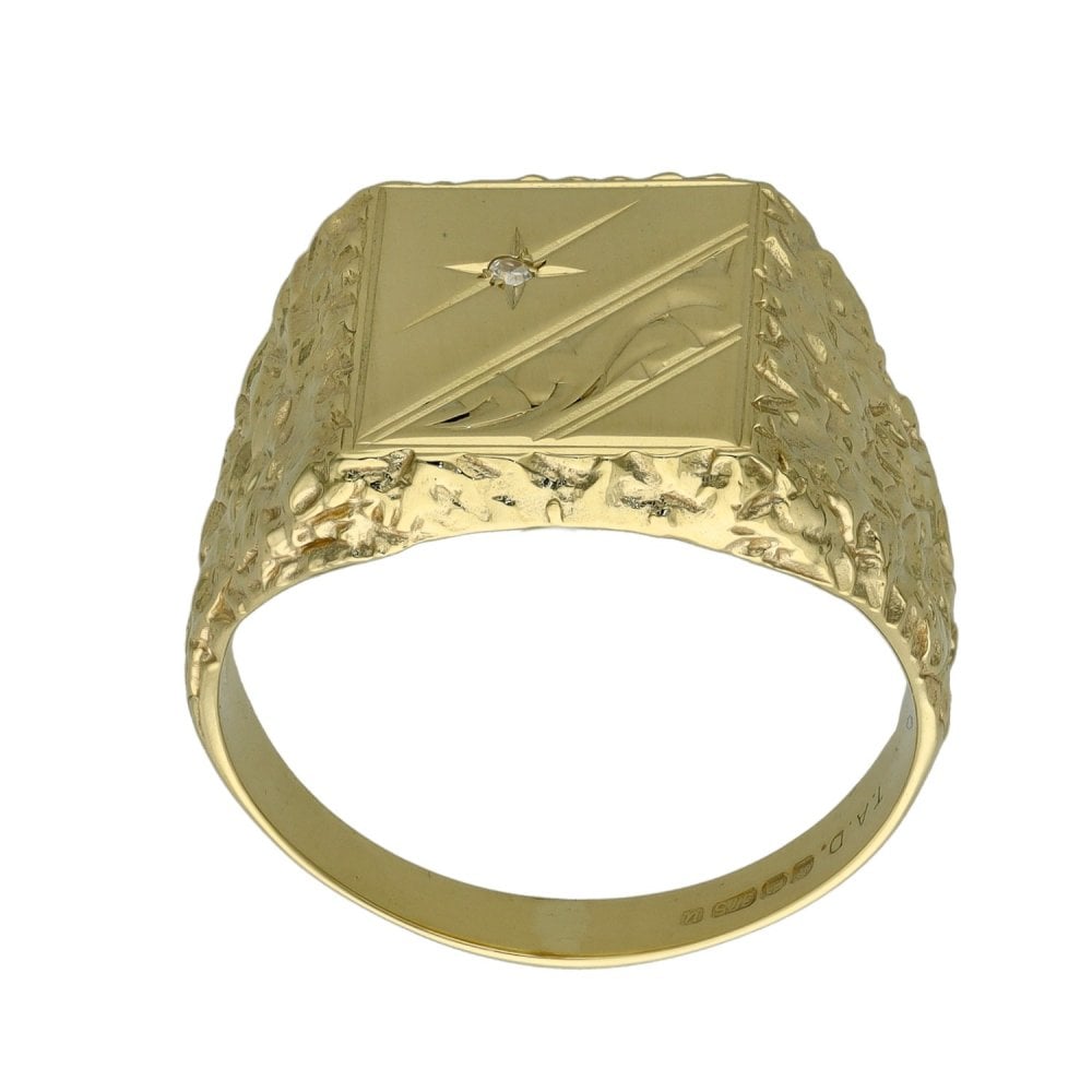 9ct Yellow Gold Diamond Set Engraved Signet Ring - Size T