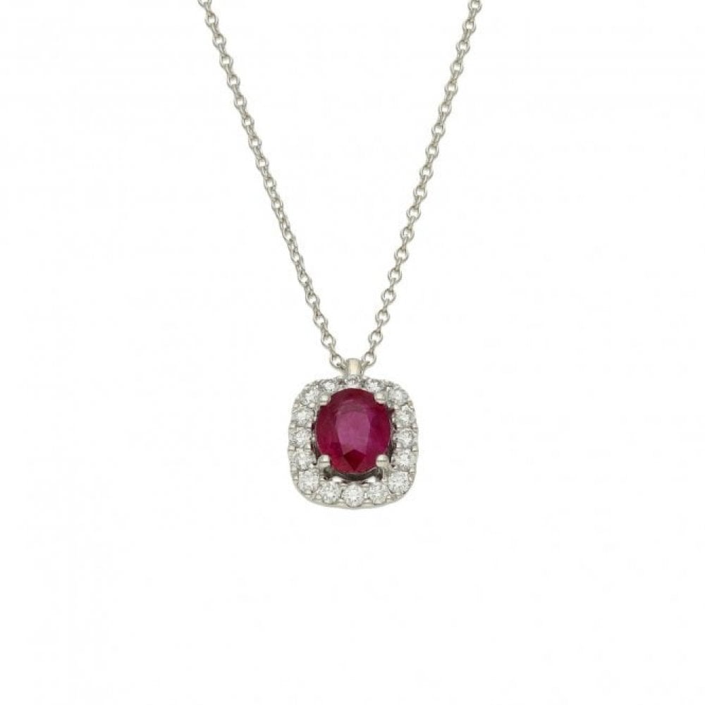 Ladies 18ct White Gold Diamond & Ruby Pendant & Chain