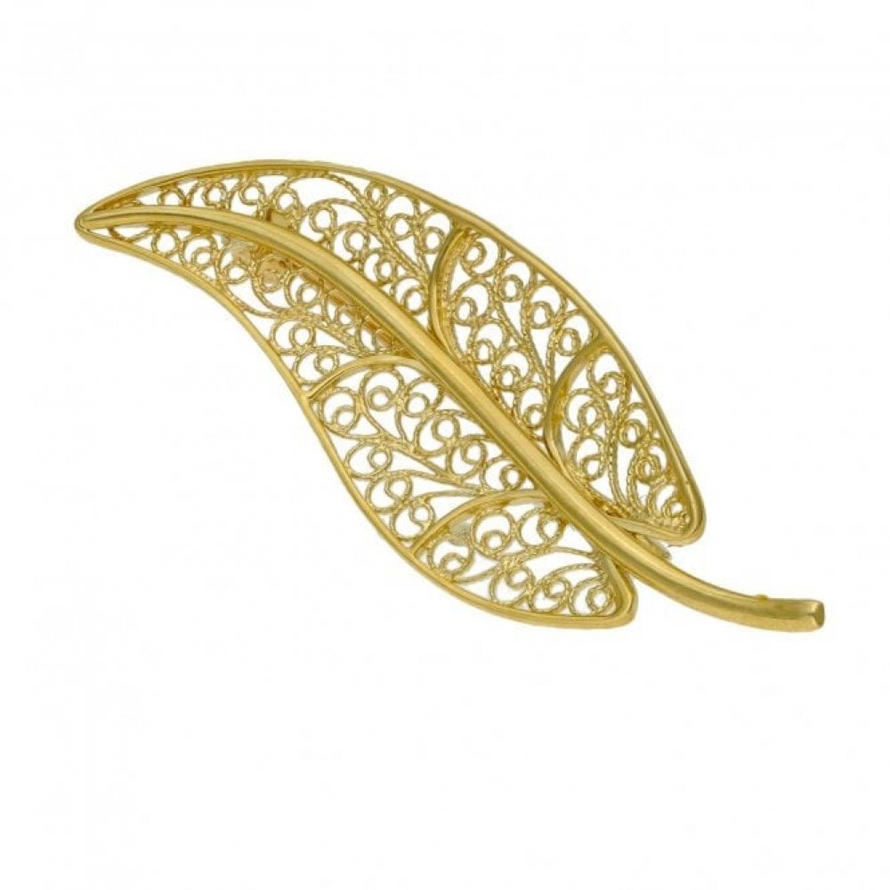 Ladies 9ct Yellow Gold Filigree Leaf Brooch - 3.1g