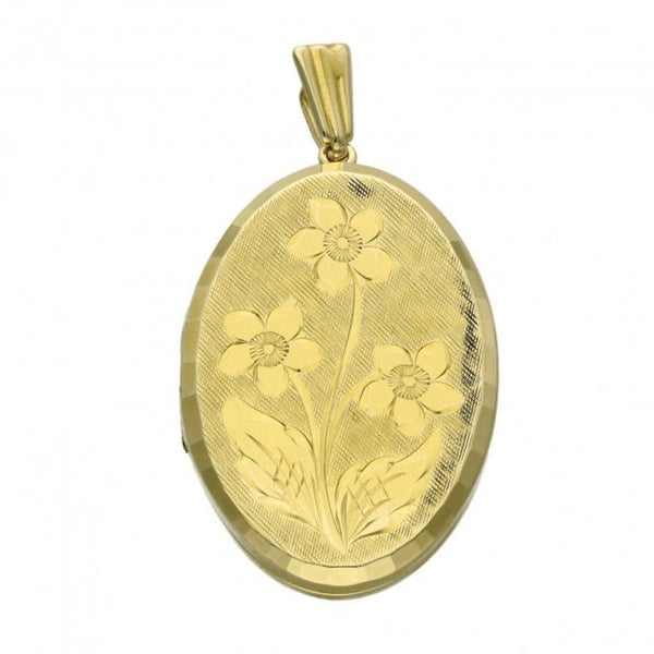 9ct Yellow Gold Oval Flower Pattern Locket - 8.0g