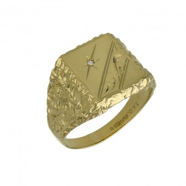 9ct Yellow Gold Diamond Set Engraved Signet Ring - Size T