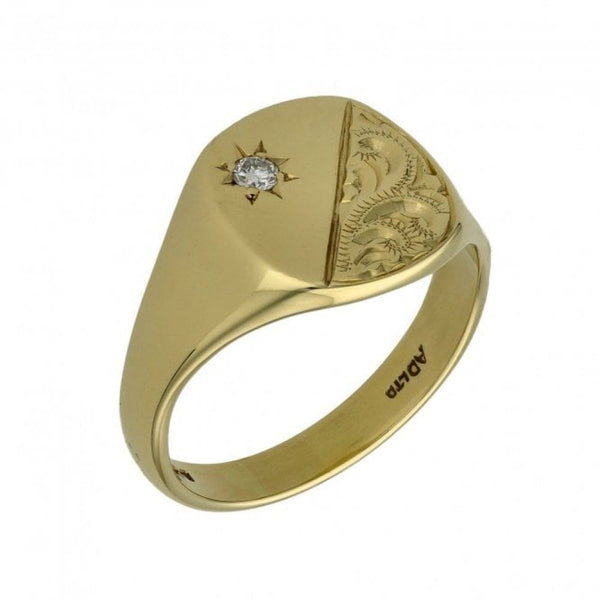 9ct Yellow Gold Diamond Set Engraved Signet Ring - Size U