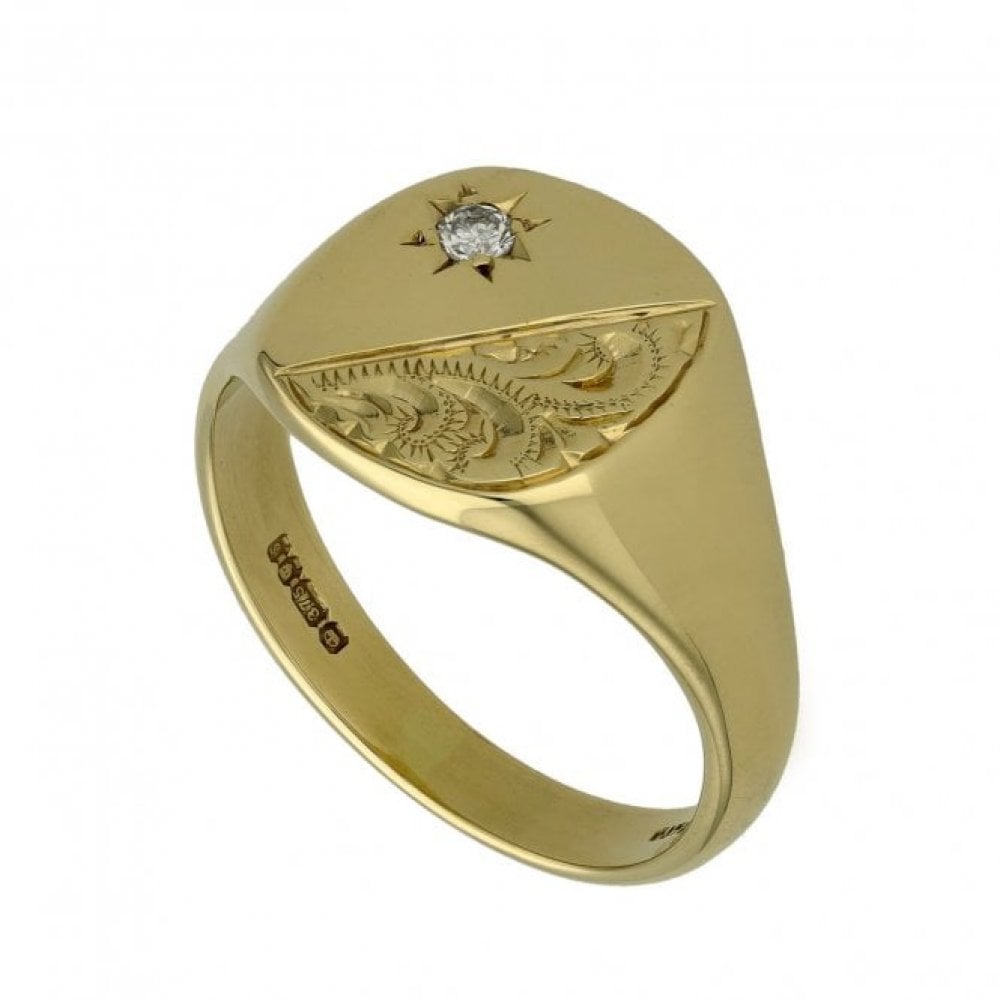 9ct Yellow Gold Diamond Set Engraved Signet Ring - Size U