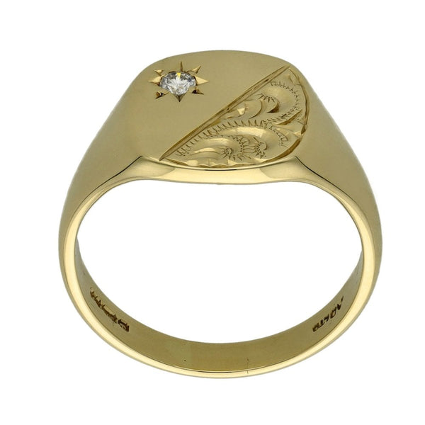 9ct Yellow Gold Diamond Set Engraved Signet Ring - Size U