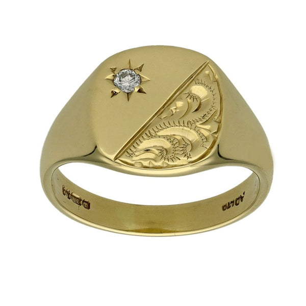 9ct Yellow Gold Diamond Set Engraved Signet Ring - Size U