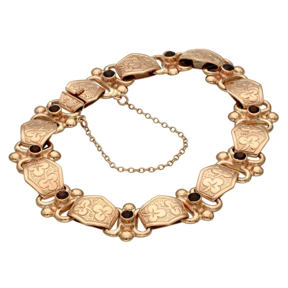 Ladies 9ct Rose Gold Garnet Fancy Link Bracelet - 24.3g