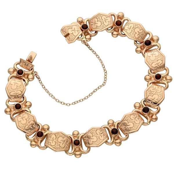 Ladies 9ct Rose Gold Garnet Fancy Link Bracelet - 24.3g