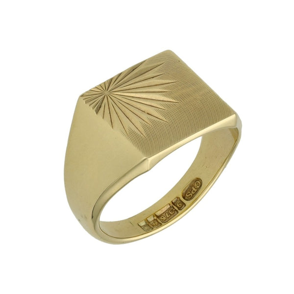 9ct Yellow Gold Square Star Engraved Signet Ring -5.7g
