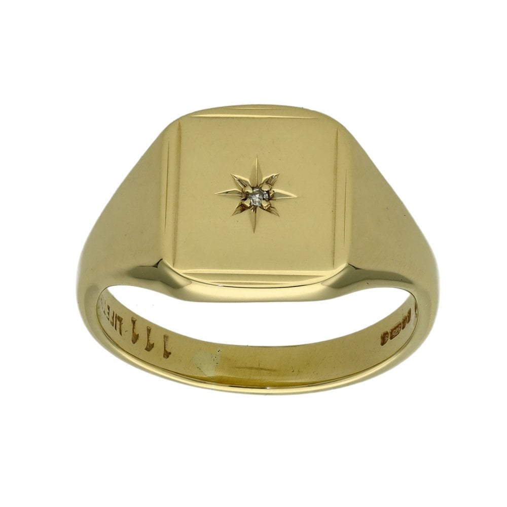 Gents 9ct Yellow Gold Diamond Set Signet Ring - Size V