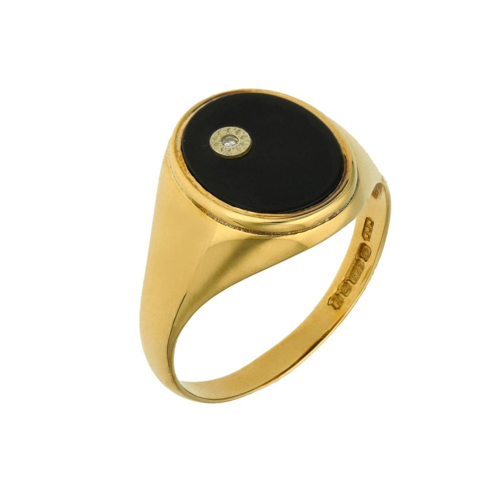 9ct Yellow Gold Oval Black Onyx & Diamond Signet Ring - Size S
