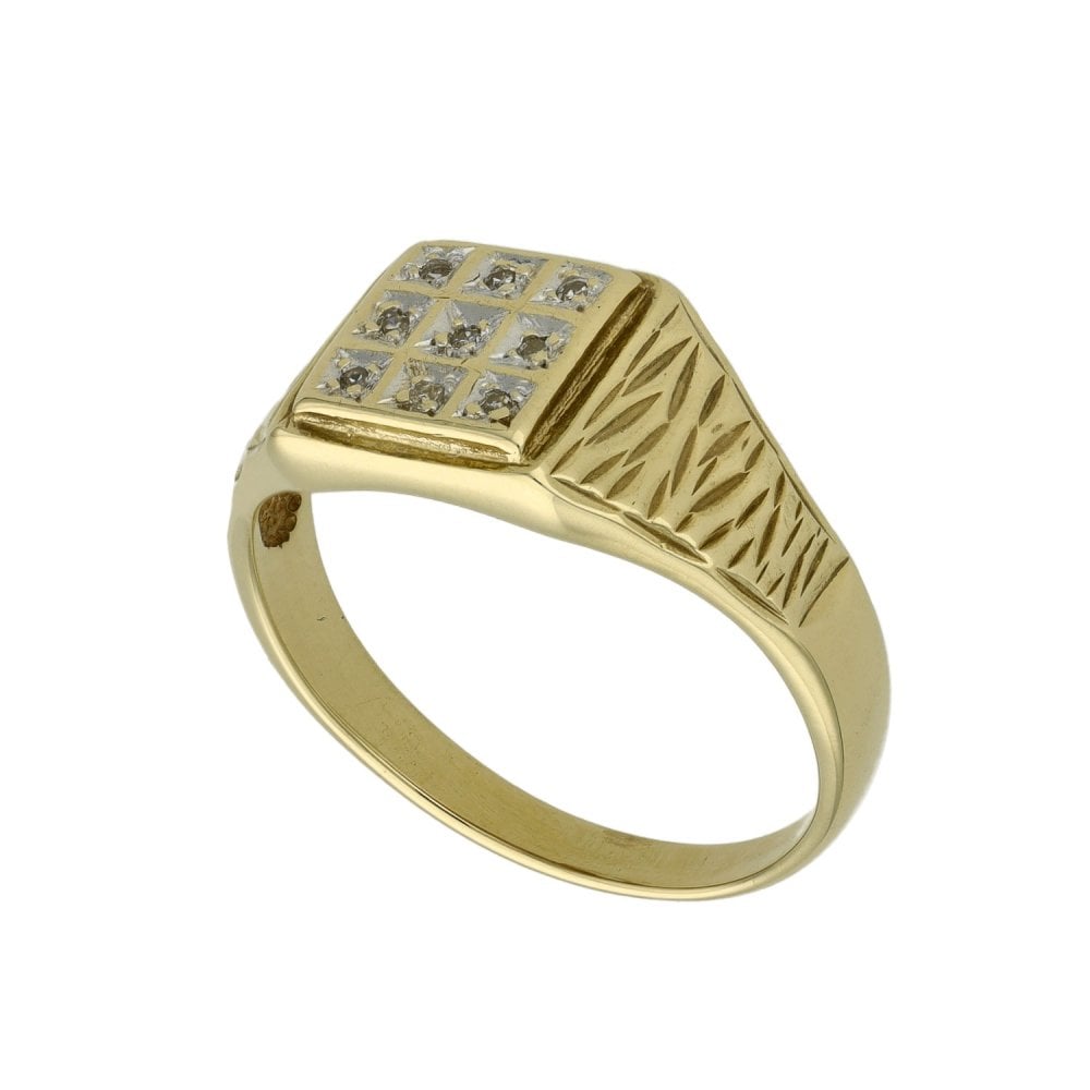 9ct Yellow Gold Diamond Set Signet Ring - Size R