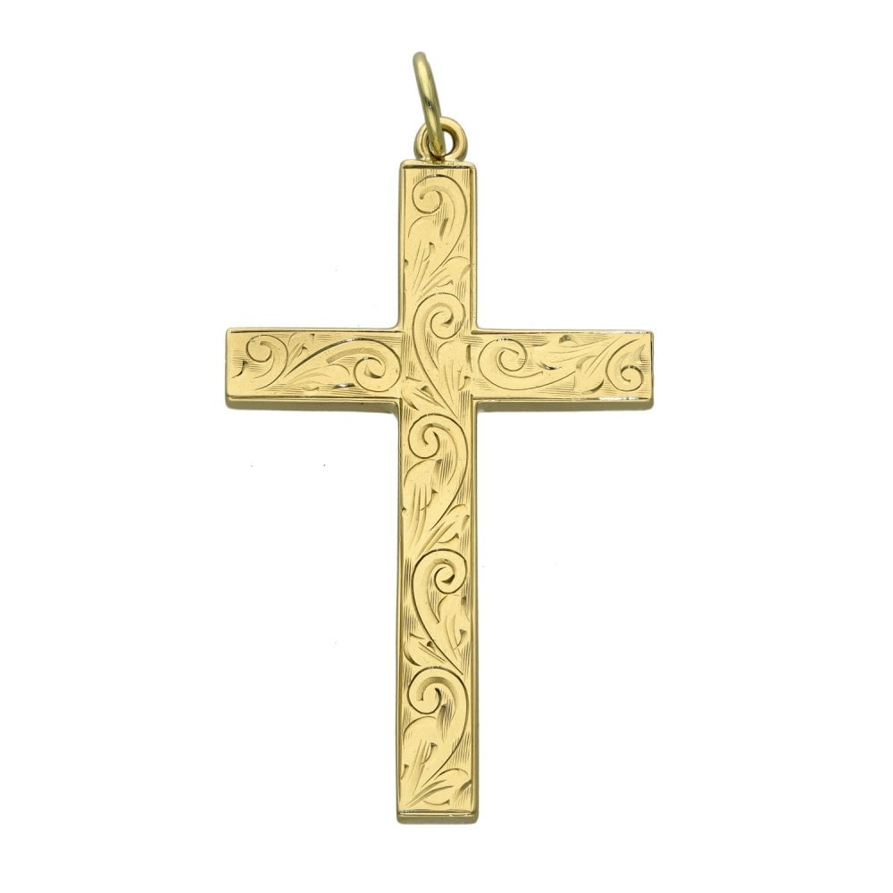 9ct Yellow Gold Feather Patterned Cross Pendant - 9.4g