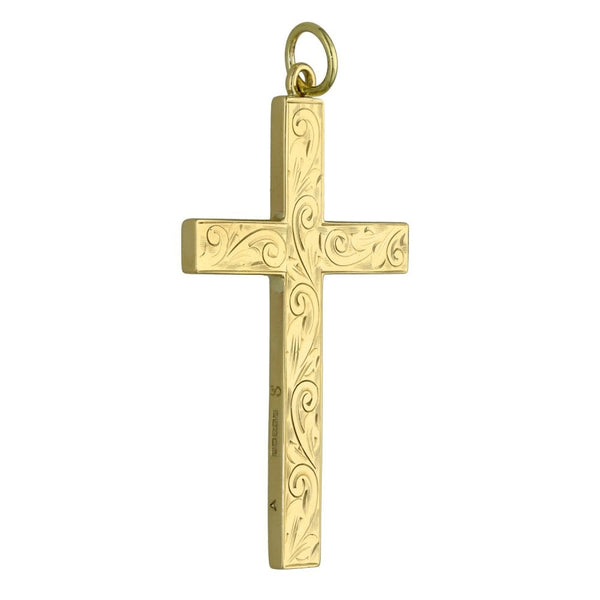 9ct Yellow Gold Feather Patterned Cross Pendant - 9.4g