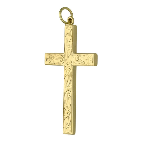 9ct Yellow Gold Feather Patterned Cross Pendant - 9.4g
