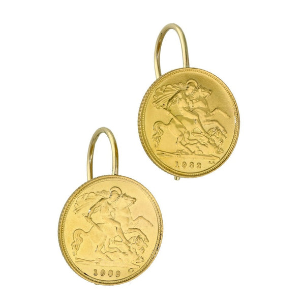 1982 Yellow Gold Half Sovereign Coin Earrings - 9.2g