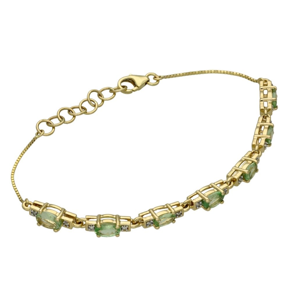 9ct Yellow Gold Green Quartz & Diamond Bracelet - 5.0g