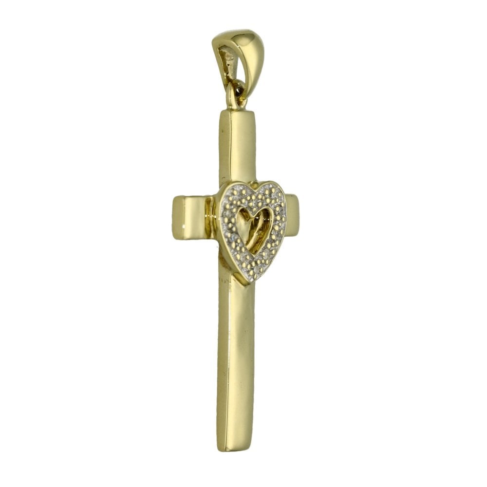 9ct Yellow Gold Plain Cross With Diamond Set Heart