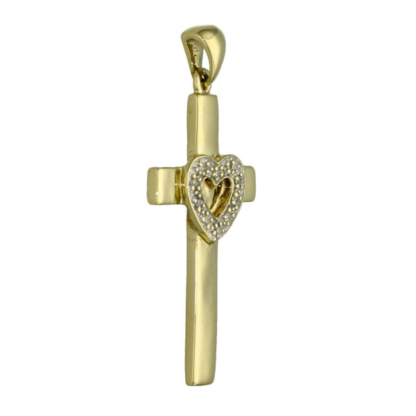 9ct Yellow Gold Plain Cross With Diamond Set Heart