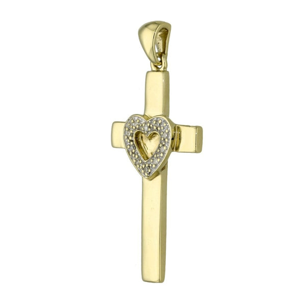 9ct Yellow Gold Plain Cross With Diamond Set Heart