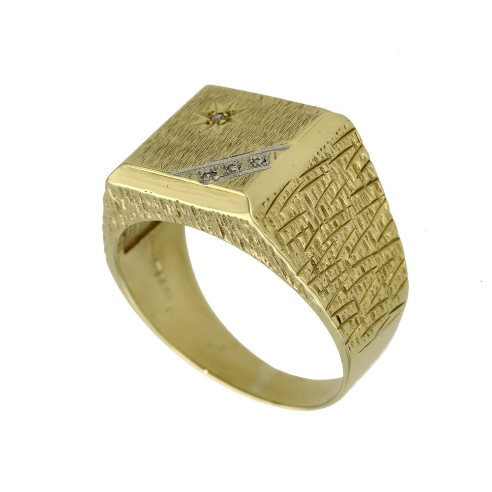 Gents 9ct Yellow Gold Diamond Set Square Signet Ring - Size S½