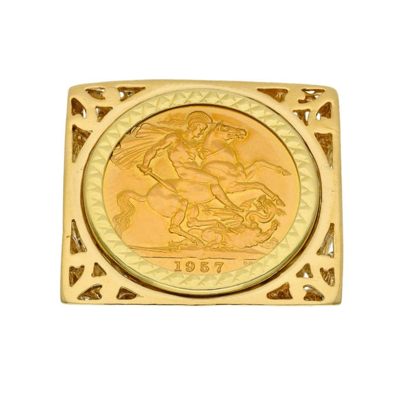 1957 Yellow Gold Mounted Full Sovereign Coin Ring - Size Q
