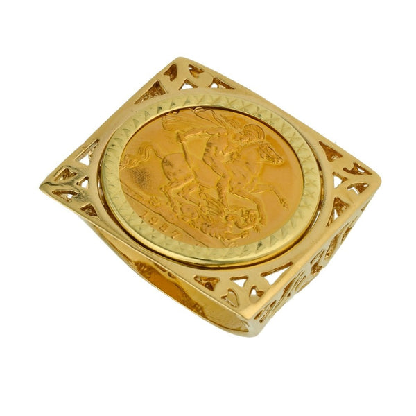 1957 Yellow Gold Mounted Full Sovereign Coin Ring - Size Q