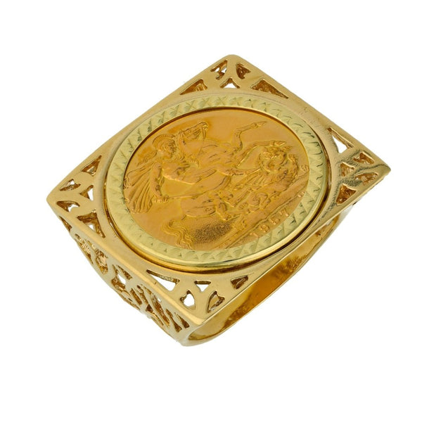 1957 Yellow Gold Mounted Full Sovereign Coin Ring - Size Q