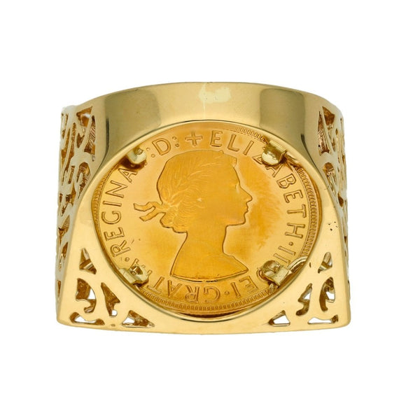 1957 Yellow Gold Mounted Full Sovereign Coin Ring - Size Q