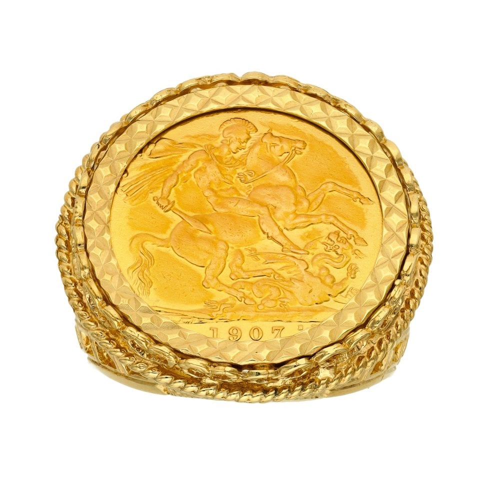 1907 Yellow Gold Mounted Full Sovereign Coin Ring - Size V