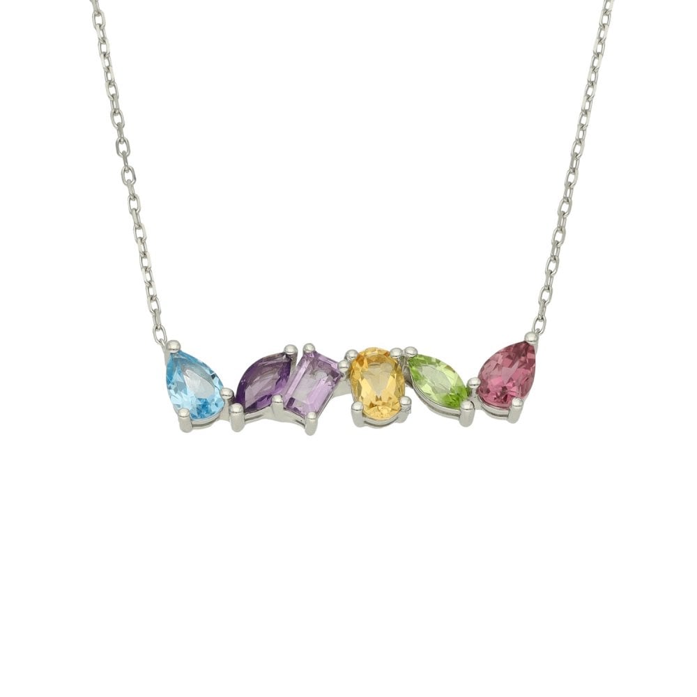 Ladies 9ct White Gold Coloured Stone Necklace - 18" - 3.1g