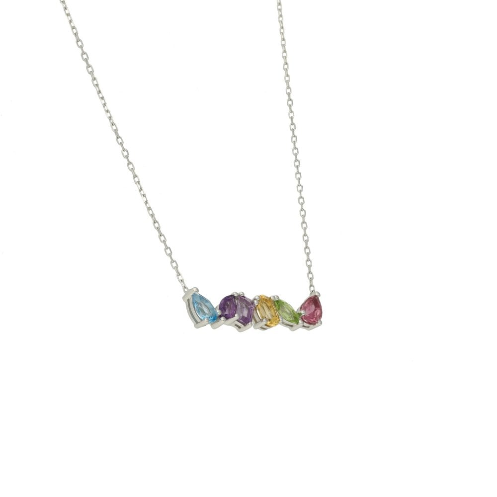 Ladies 9ct White Gold Coloured Stone Necklace - 18" - 3.1g