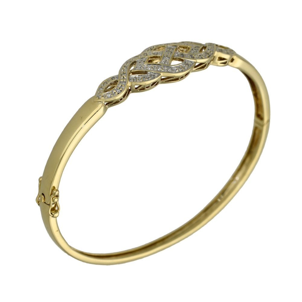 Ladies 9ct Yellow Gold Celtic-Style Diamond Bangle - 11.0g