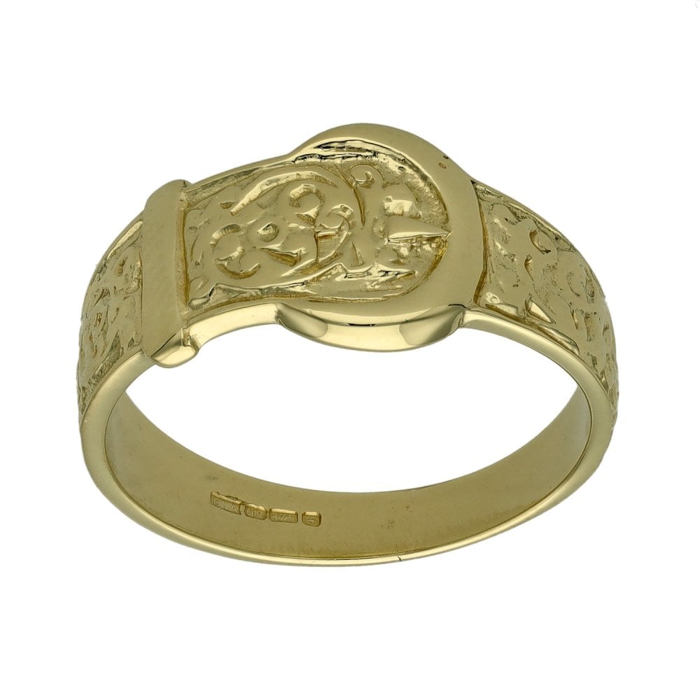 9ct Yellow Gold Pattern Buckle Ring -Size T - 4.8g