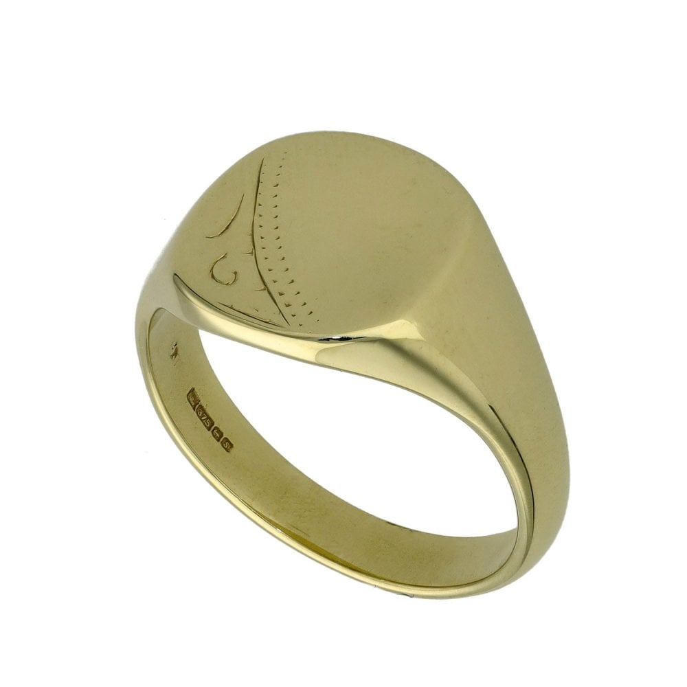 9ct Yellow Gold Half Engraved Signet Ring - Size T½ - 7.9g