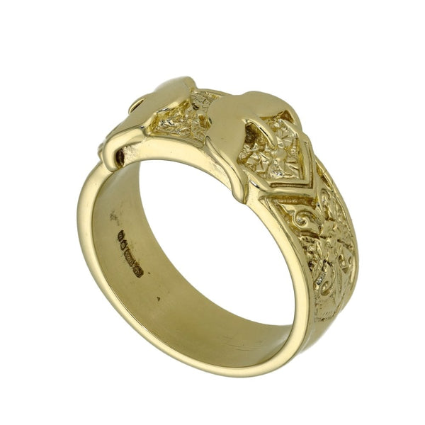 9ct Yellow Gold Patterned Buckle Ring - Size Y - 15.6g