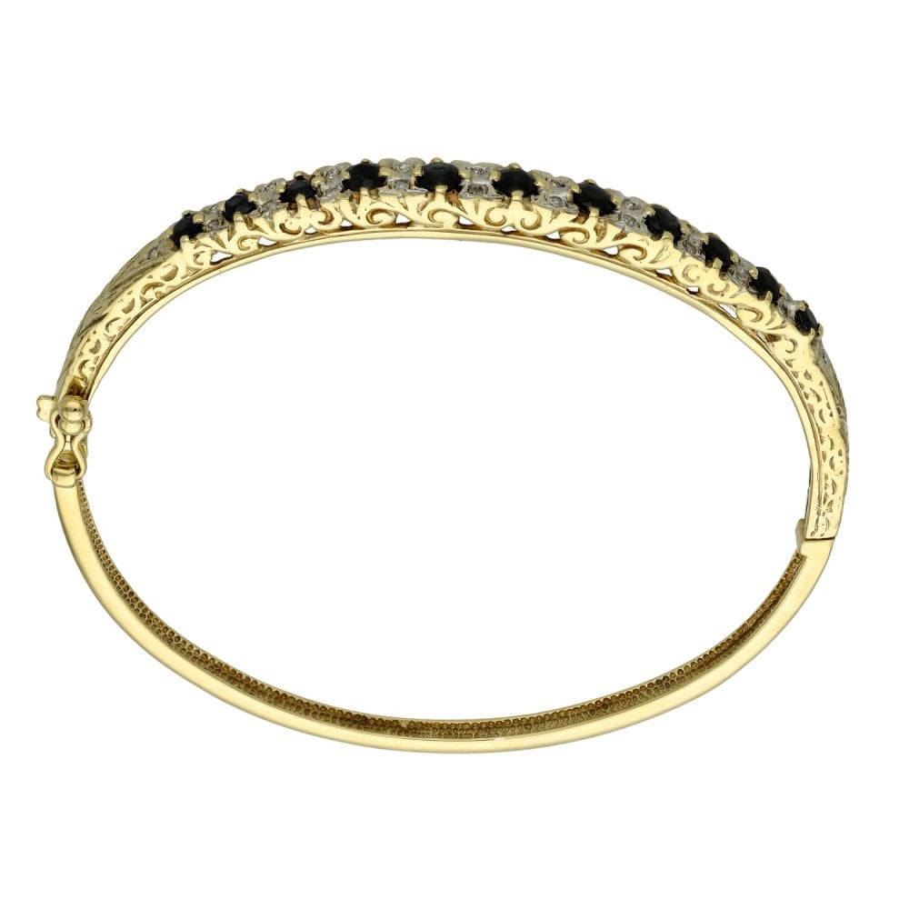 Ladies 9ct Yellow Gold Diamond & Sapphire Bangle - 11.5g