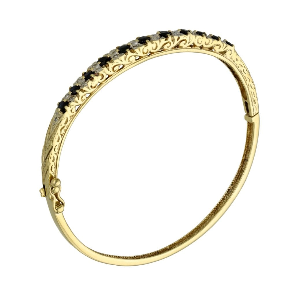 Ladies 9ct Yellow Gold Diamond & Sapphire Bangle - 11.5g