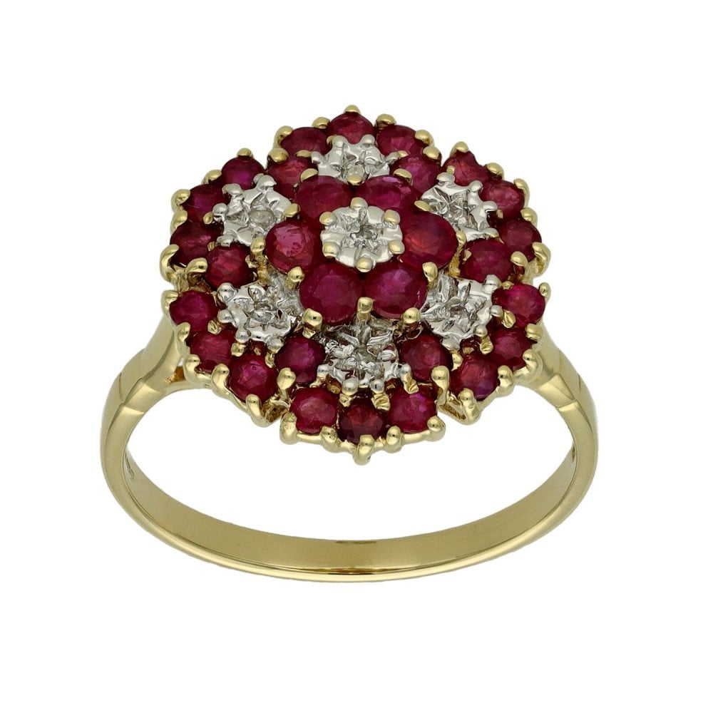 9ct Yellow Gold Ruby & Diamond Cluster Ring - Size S