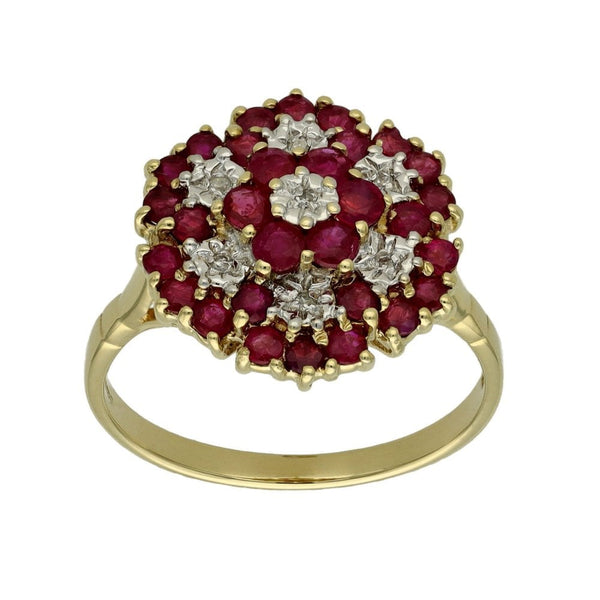9ct Yellow Gold Ruby & Diamond Cluster Ring - Size S