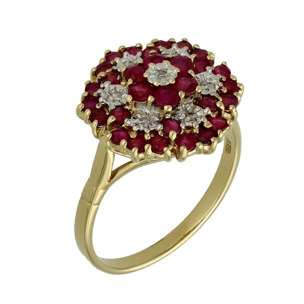 9ct Yellow Gold Ruby & Diamond Cluster Ring - Size S