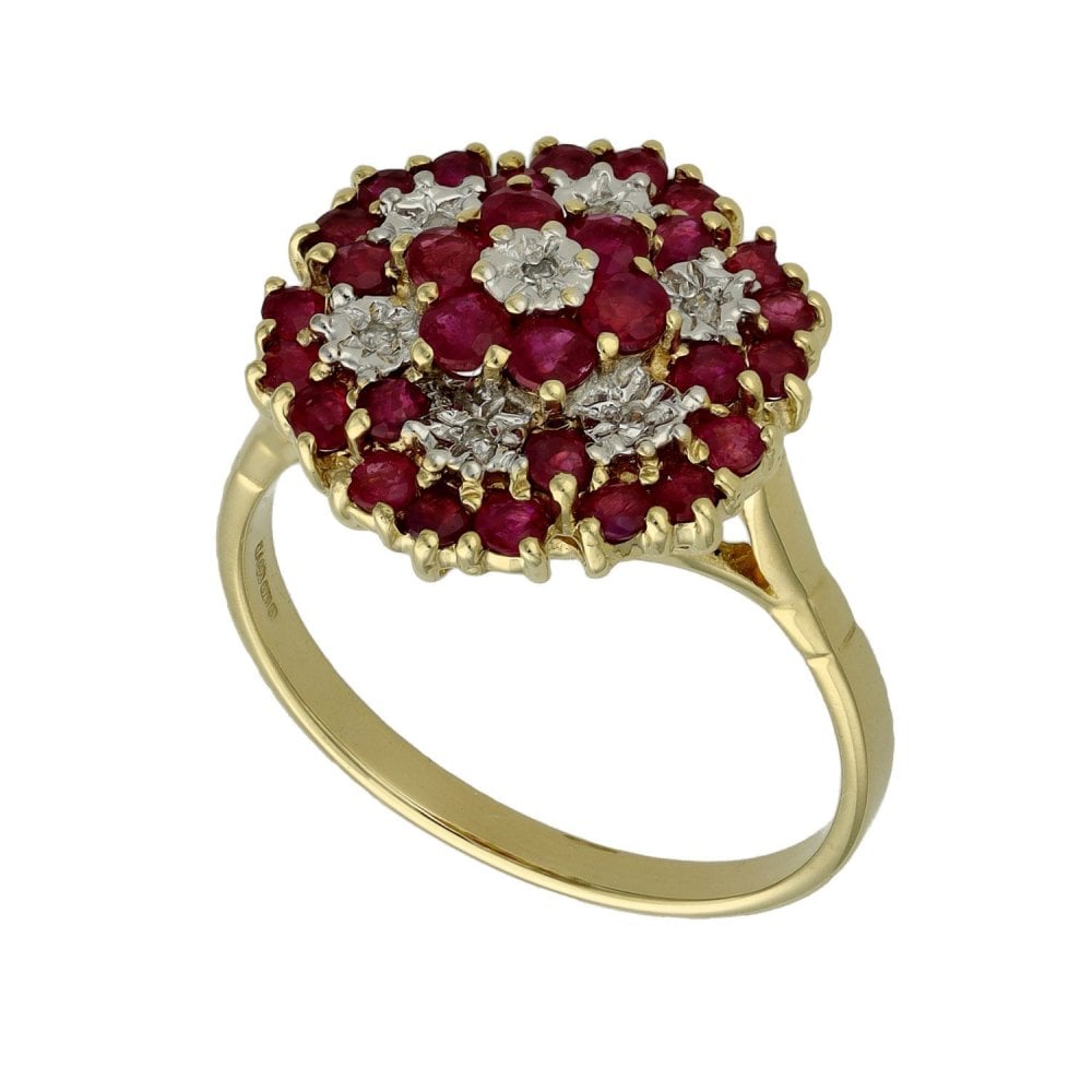 9ct Yellow Gold Ruby & Diamond Cluster Ring - Size S
