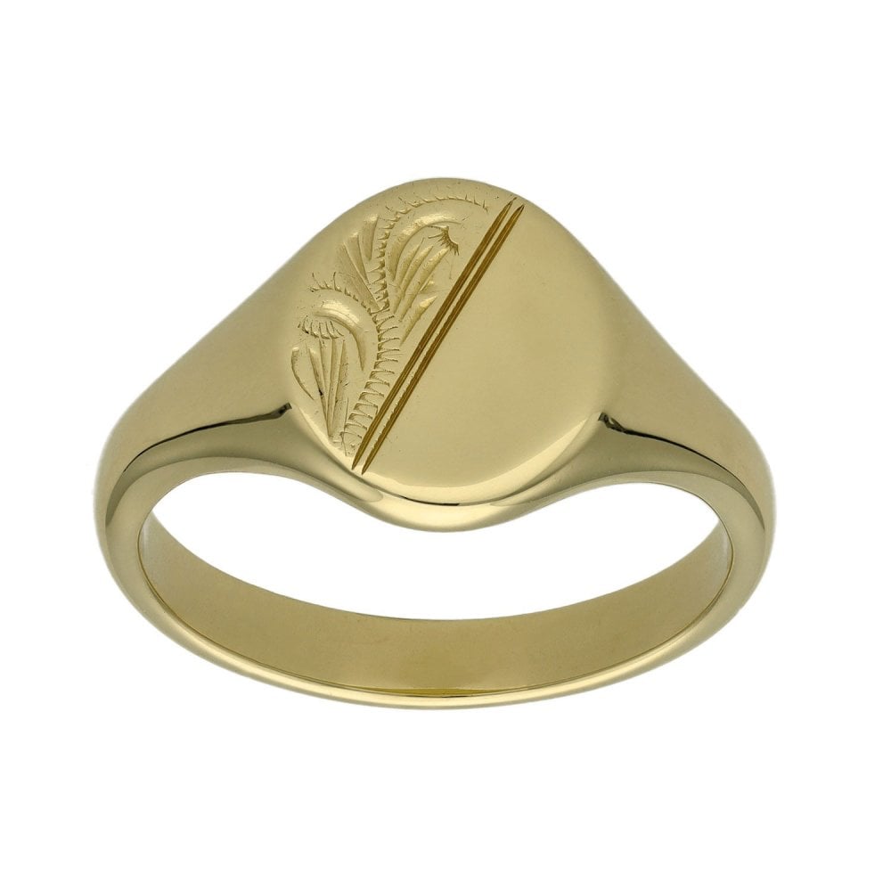 Gents 9ct Yellow Gold Half Engraved Signet Ring - Size Z