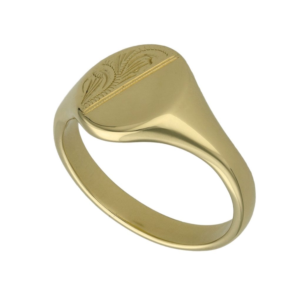 Gents 9ct Yellow Gold Half Engraved Signet Ring - Size Z